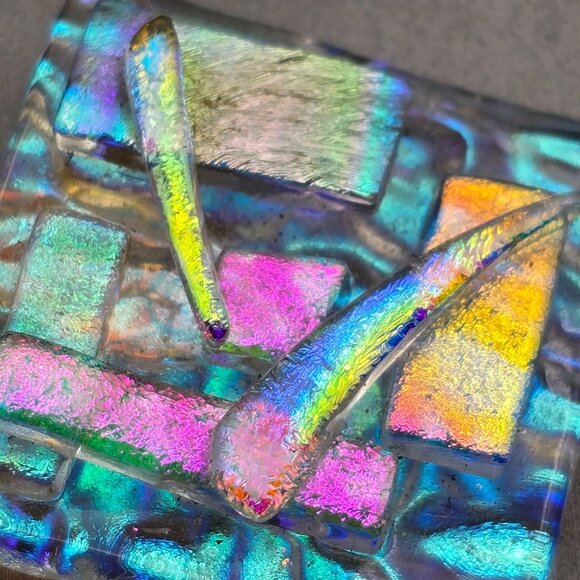 Artisian Dichroic Glass Pendant 1.5" Iridescent Geometric Design Silver-Tone Bai - Picture 2 of 7